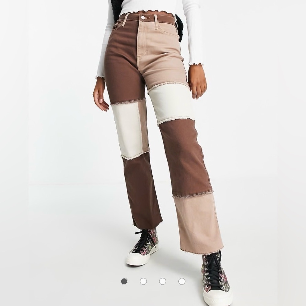Hollister Women's High Rise Patchwork Dad Jeans - Brown and Cream Size 26x31